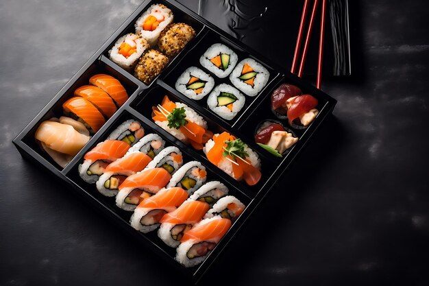Set of sushi and rolls Chinese food set Takeout food delivery On a black stone background Top view Ai Generative