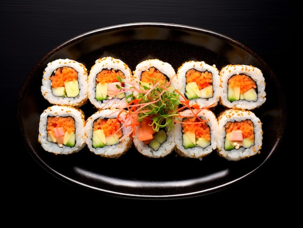 Set of sushi rolls served on table