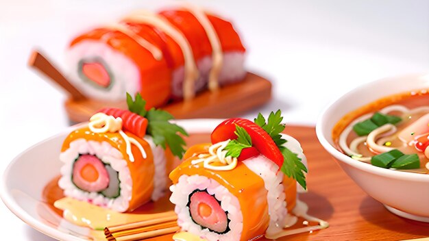 A set of sushi rolls with a leaf on top of them