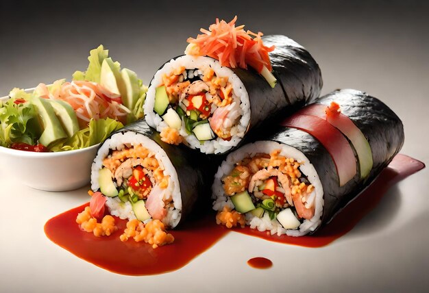 Photo a set of sushi rolls with a small bowl of sushi