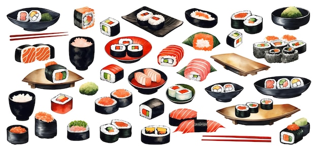 Set of sushi sashimi salmon caviar Watercolor hand painted isolated illustration on white background