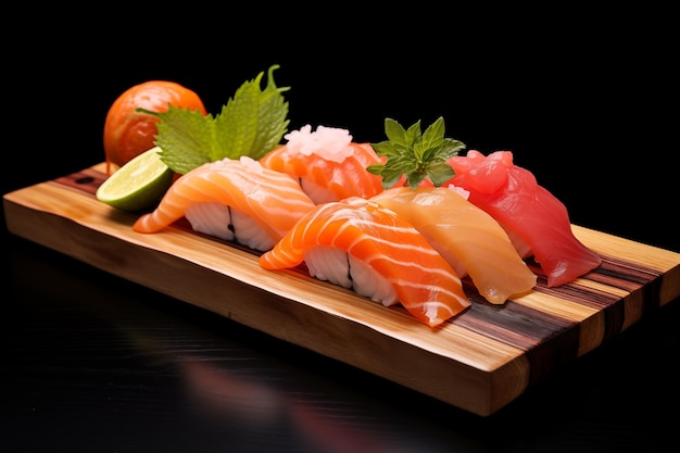 Set of sushi on wooden tray Generative AI