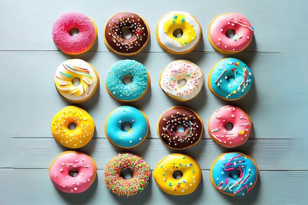 Set of sweet colored donuts on a white wooden background generative ai