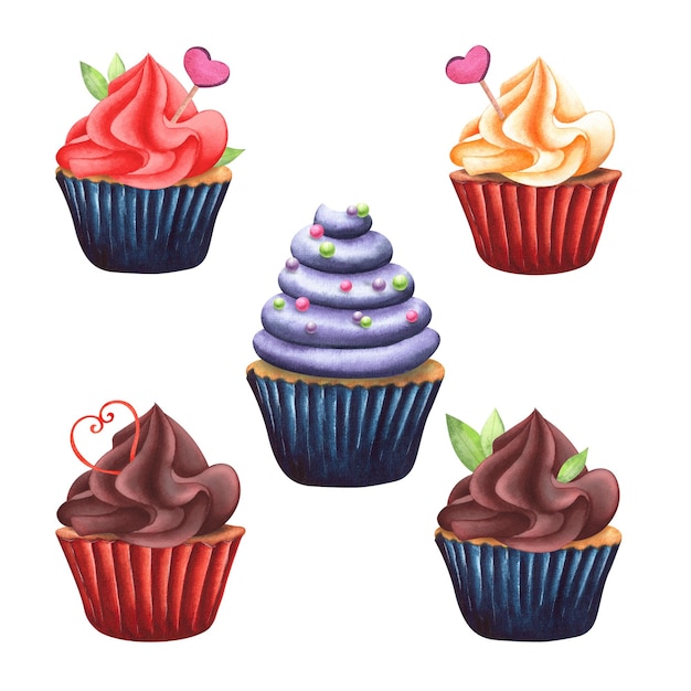 Photo a set of sweet cupcakes with decorations drawn with watercolors and isolated