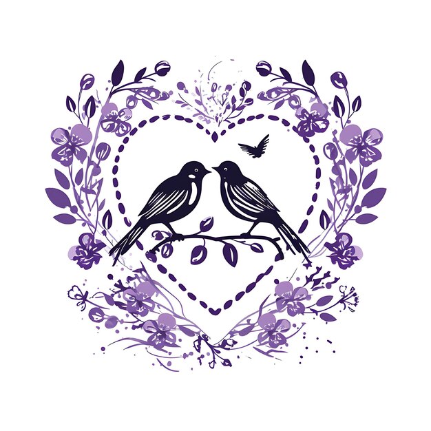 Set of Sweet Pea Stamp With Monochrome Purple Color Bird and Heart Clipart Tshirt Tattoo Designs