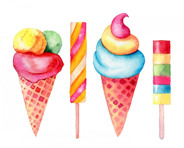 Set of sweets: vanilla; strawberry, pistacio, mint ice cream in a waffle cone and sticks vintage watercolor illustration isolated