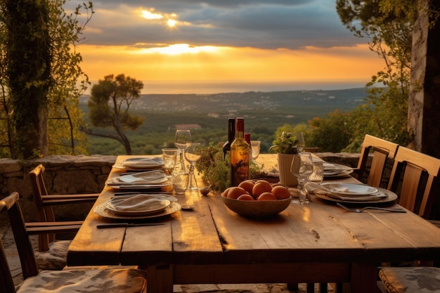 Set table at outdoor terrace Romantic dinner with view of mountain at sunset