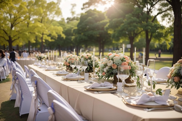공원의 결혼식 연회에 테이블을 차려라