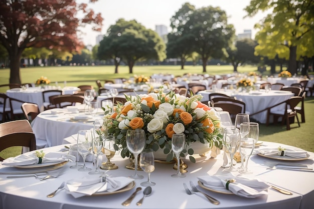 Set table at a wedding banquet in the park