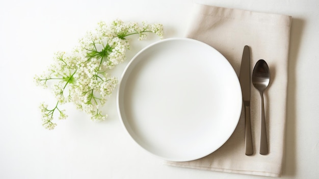 사진 꽃이 있는 접시와 함께 테이블을 세워