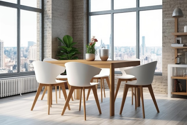 Photo a set of tables and chairs in a bright dining room