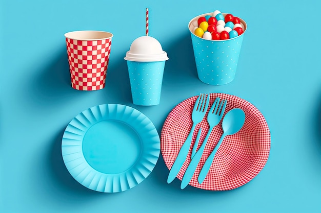 Set of tableware for picnic with dishes cups napkins disposable paper tableware on blue background
