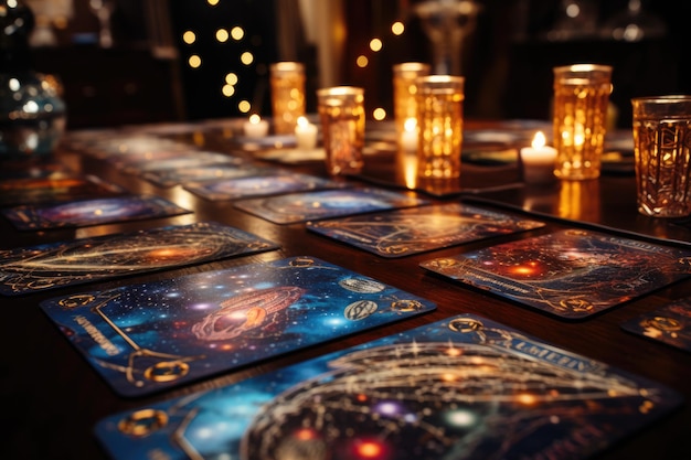 Photo set of tarot cards for divination and fortune telling mystic still life with cards and candlelights