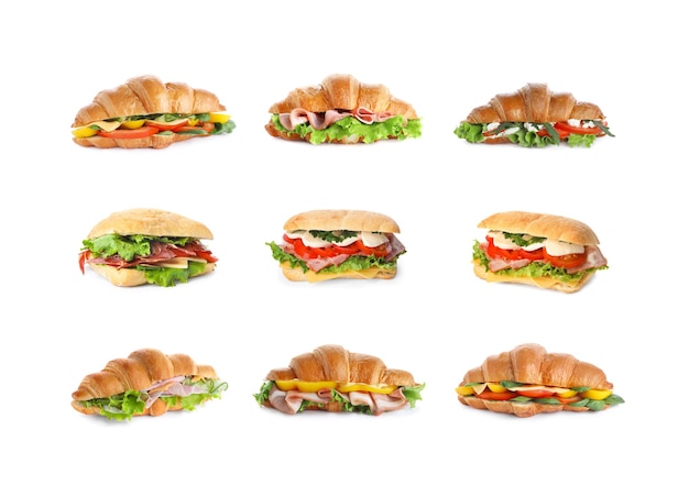 Set of tasty croissant sandwiches on white background