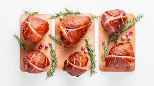 Photo set of tasty hams on white background