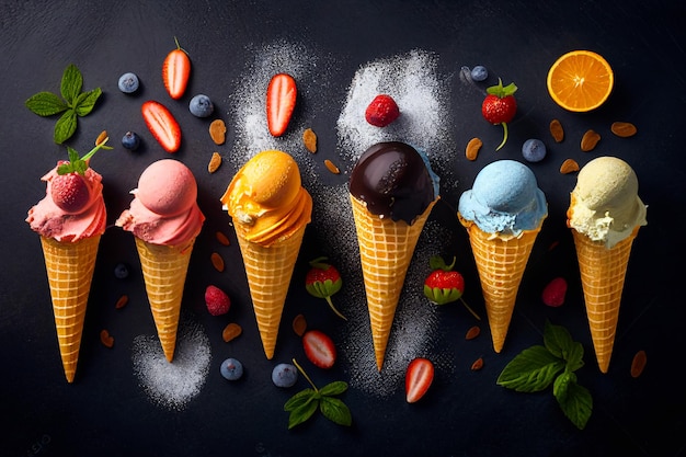 맛있는 아이스크림 세트. 달콤한 여름 별미 선데, 맛이 다른 젤라토, 격리된 아이스크림 콘, 그리고 토핑이 다른 팝시클을 수집합니다. 웹, 디자인, 인쇄용 그림입니다.
