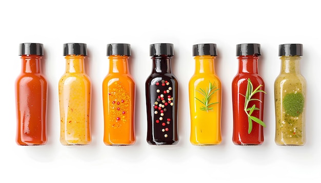 Photo set of tasty sauces in bottles on white background