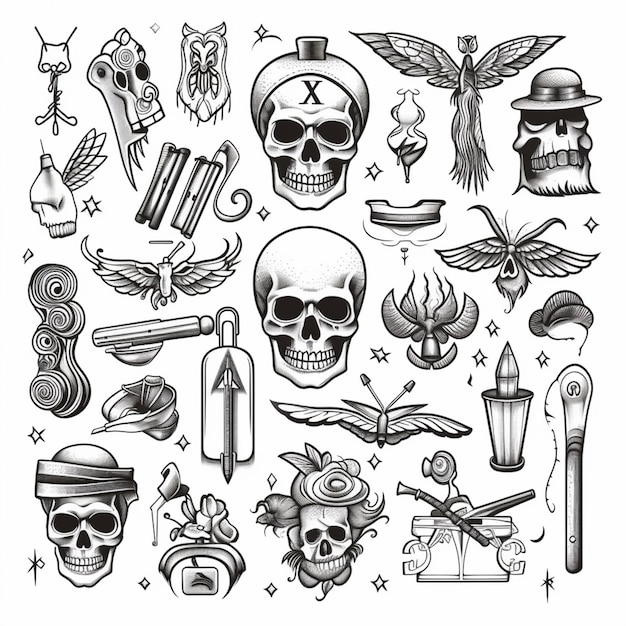 Photo a set of tattoo designs of skulls and other items generative ai