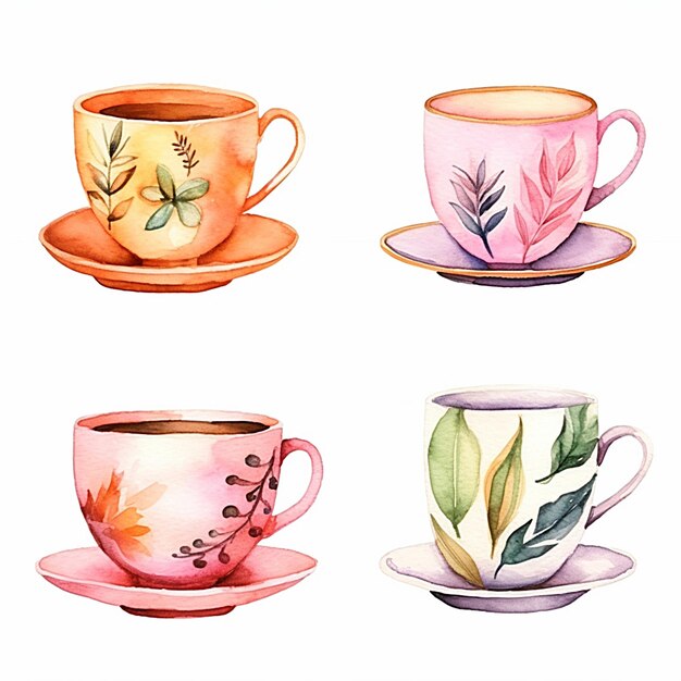 Photo a set of tea cups with the leaves painted on them.