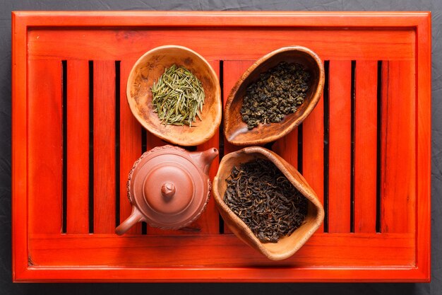 Set of teapot and three kinds of tea in chahe on the tea desk are ready for the Tea ceremony