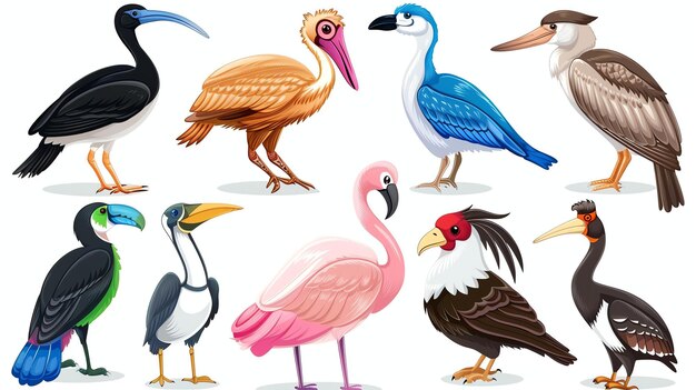 Photo a set of ten colorful bird illustrations the birds are all different species and are drawn in a realistic style