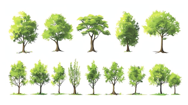 Photo a set of ten different types of trees the trees are all green and leafy and of varying heights the trees are set against a white background