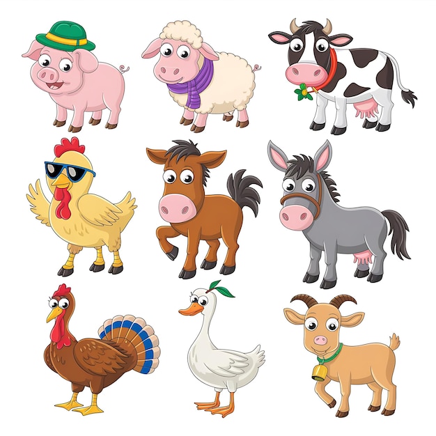Set of ten playful farm animals pig sheep cow chicken horse donkey turkey goose duck goat