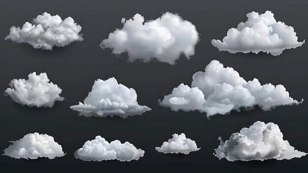 A set of ten realistic clouds the clouds are white and fluffy and they are set against a transparent background