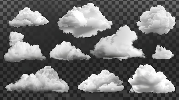 Photo set of ten realistic clouds of different shapes and sizes the clouds are white and fluffy and they are set against a transparent background