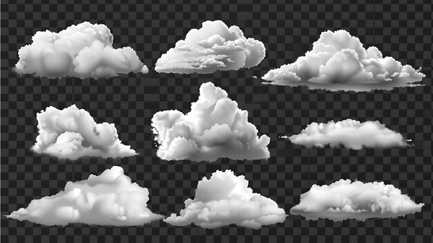 Photo set of ten realistic clouds of different shapes and sizes the clouds are white and fluffy and they are set against a transparent background