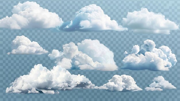 A set of ten realistic clouds of different shapes and sizes The clouds are white and fluffy and they are set against a transparent background
