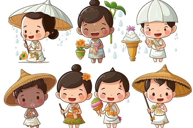 AI가 만든 그래픽 디자이너 귀여운 만화 캐릭터 벡터 삽화를 위한 송크란 축제의 태국 어린이 전통 드레스 세트인공 지능