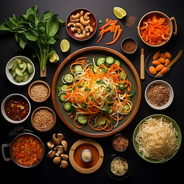 Photo a set of thai pad thai wok large woks noodle serving plates peanut an background decor ideas art
