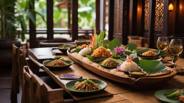 사진 라이스 태국 음식으로 장식 된 편안한 나무 테이블로 장면을 설정하십시오. 향기와 프레젠테이션은