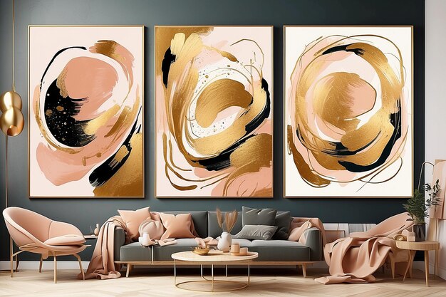 A set of three abstract art illustrations Modern creative abstract artwork golden brush strokes texture design for wall decor