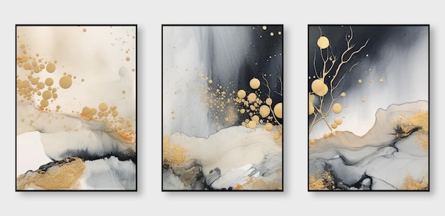 Set of three abstract art illustrations modern creative abstract artwork golden brush strokes