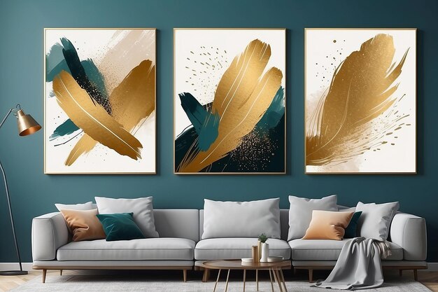 A set of three abstract art illustrations Modern creative abstract artwork golden brush strokes