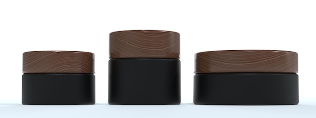 Set of three black cosmetic cream jars with wooden lids beauty and care product packaging and branding 3D render mockup
