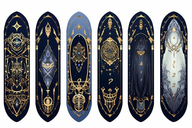 a set of three black and gold surfboards with a design that says quot the word quot on the back