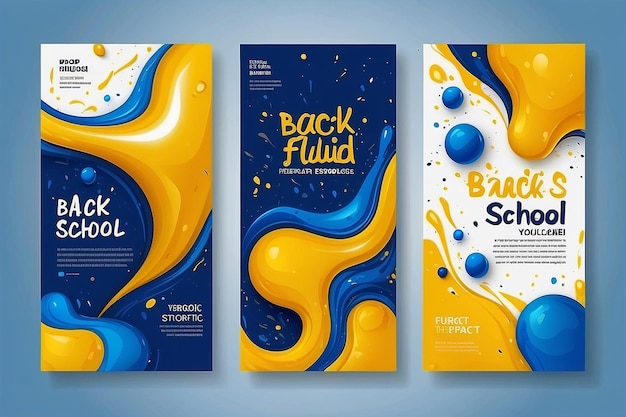 Set of three blue yellow organic fluid background of back to school social media pack template premium vector