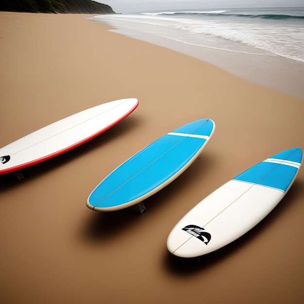 Photo set of three boards with different surf boardsset of three surf boards on a sandy beach