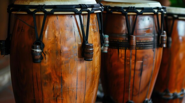 Photo a set of three bongos the bongos are made of wood and have a natural finish