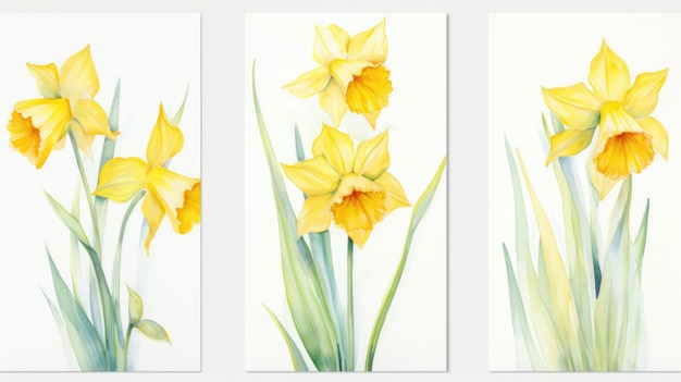 Set of Three Botanical Watercolor Daffodil Petals AI Generated