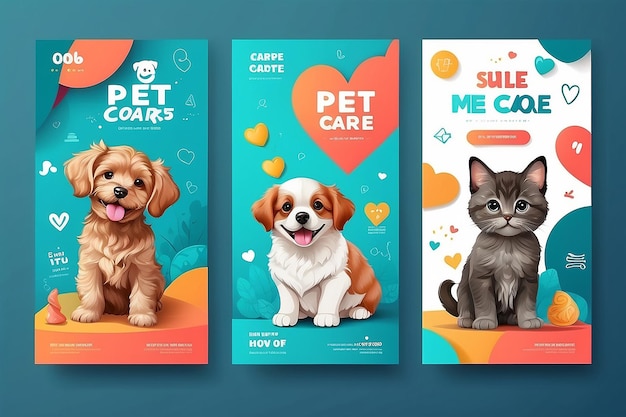 Foto set di tre sfondi geometrici ricci di banner di promozione della cura degli animali domestici modello di pacchetto di social media vettore premium