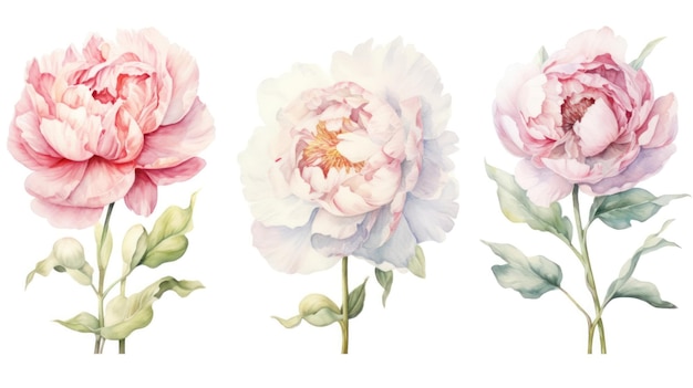 Set of Three Delicate Pastel Watercolor Peony AI Generated