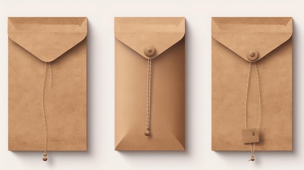 set of three different brown kraft craft paper envelopes isolated