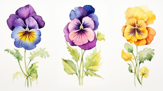 Photo set of three expressive watercolor pansy petals ai generated