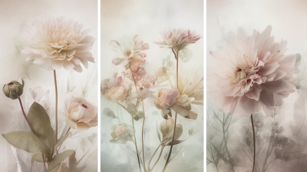 A set of three flowers on a background of a sky.