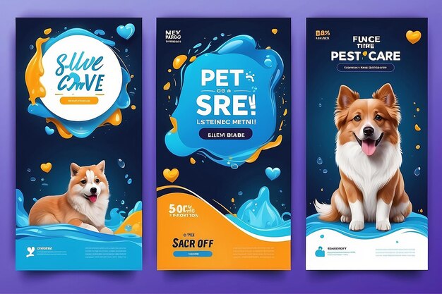 Photo set of three fluid background of pet care promotion banner social media pack template premium vector