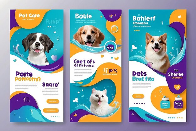 Photo set of three fluid background of pet care promotion banner social media pack template premium vector